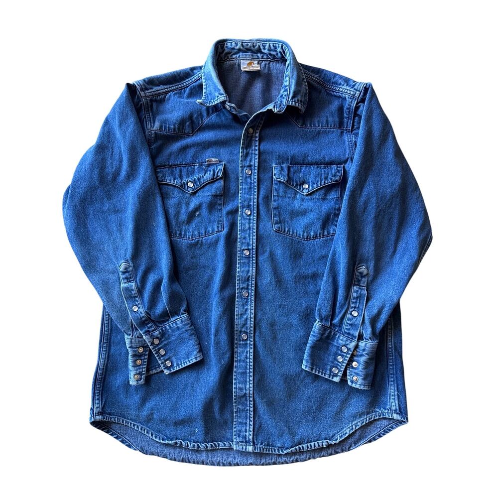 Vintage Carhartt S02 DNM USA Made Pearl Snap Workwear Western XL Denim Shirt